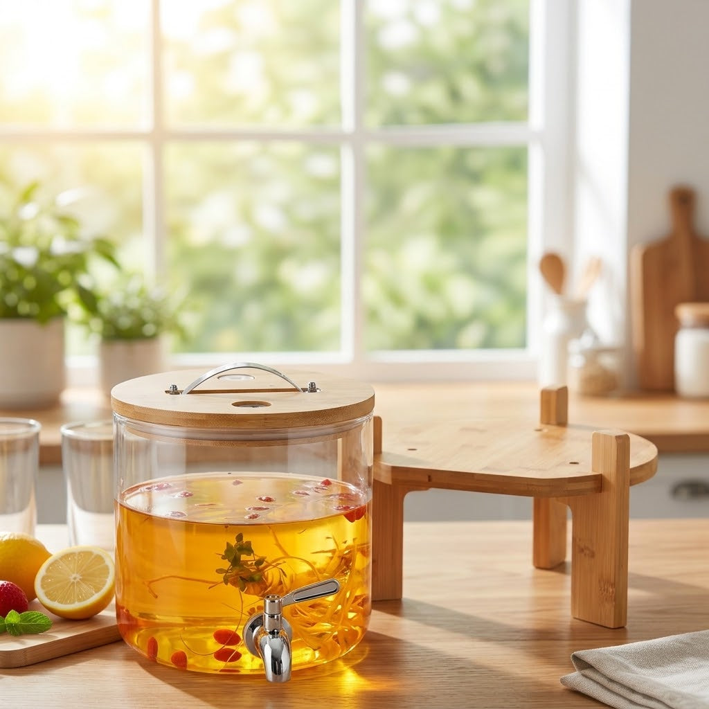 Glass Dispenser with Wooden Stand
