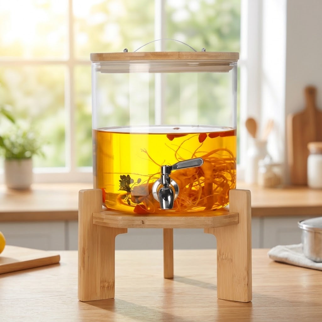 Glass Dispenser with Wooden Stand