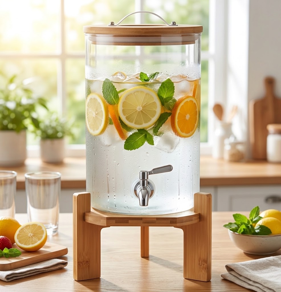 Drink Serve Dispenser with Wooden Stand