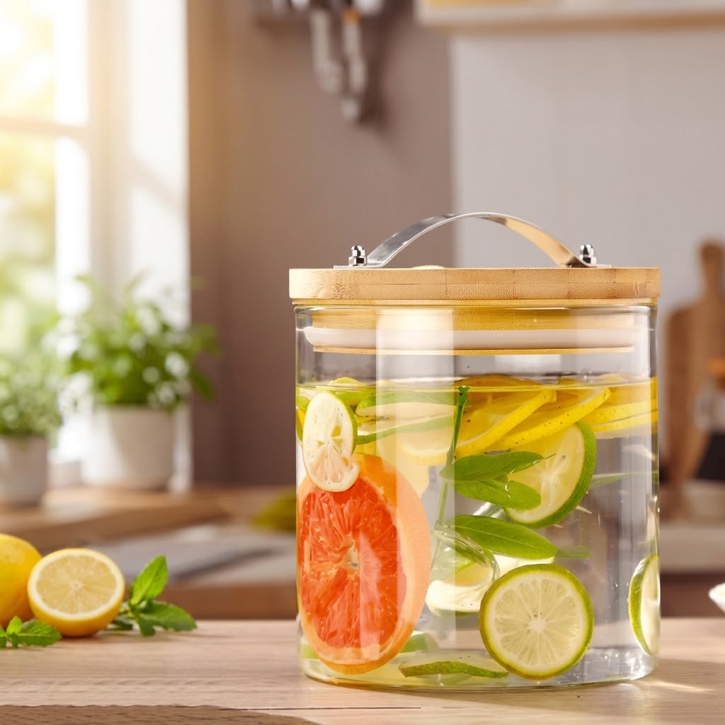 Glass Dispenser with Wooden Stand