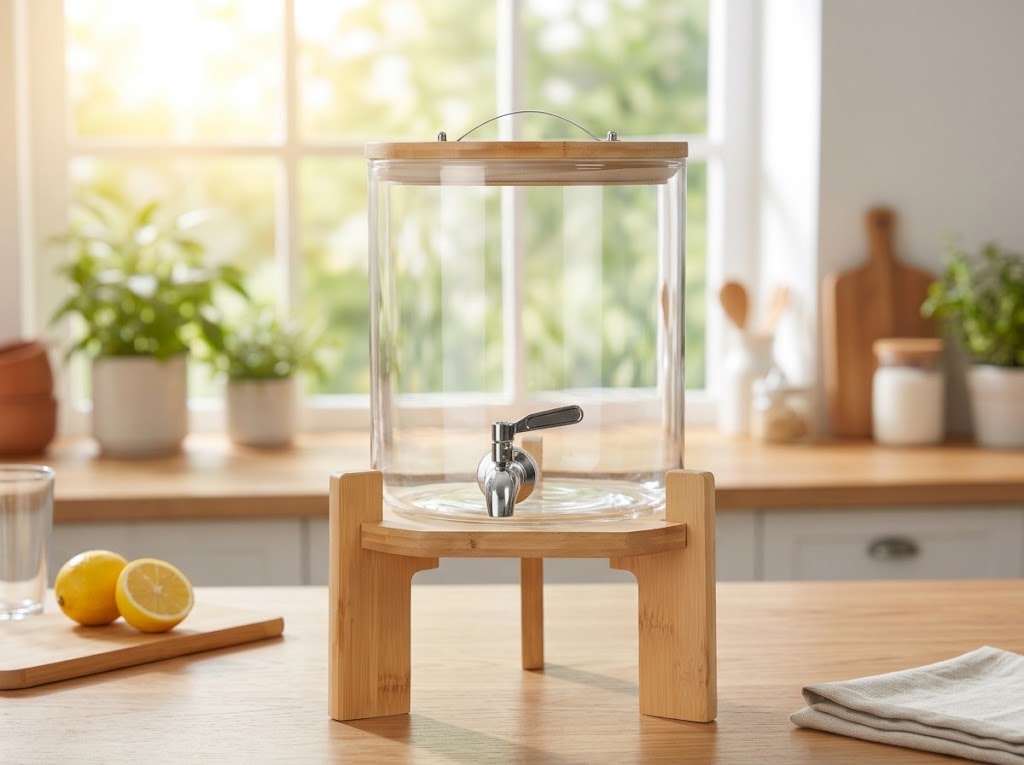 Glass Dispenser with Wooden Stand
